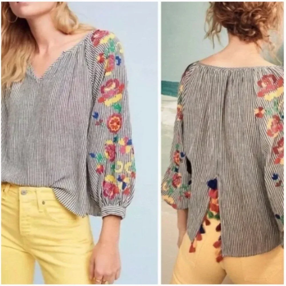 Anthropologie Floreat Blouse Soleil Embroidered Tassel Colorful Boho Women XS - Picture 1 of 9
